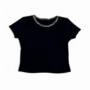 Brandy Melville Black Tee with Cheetah Print Collar